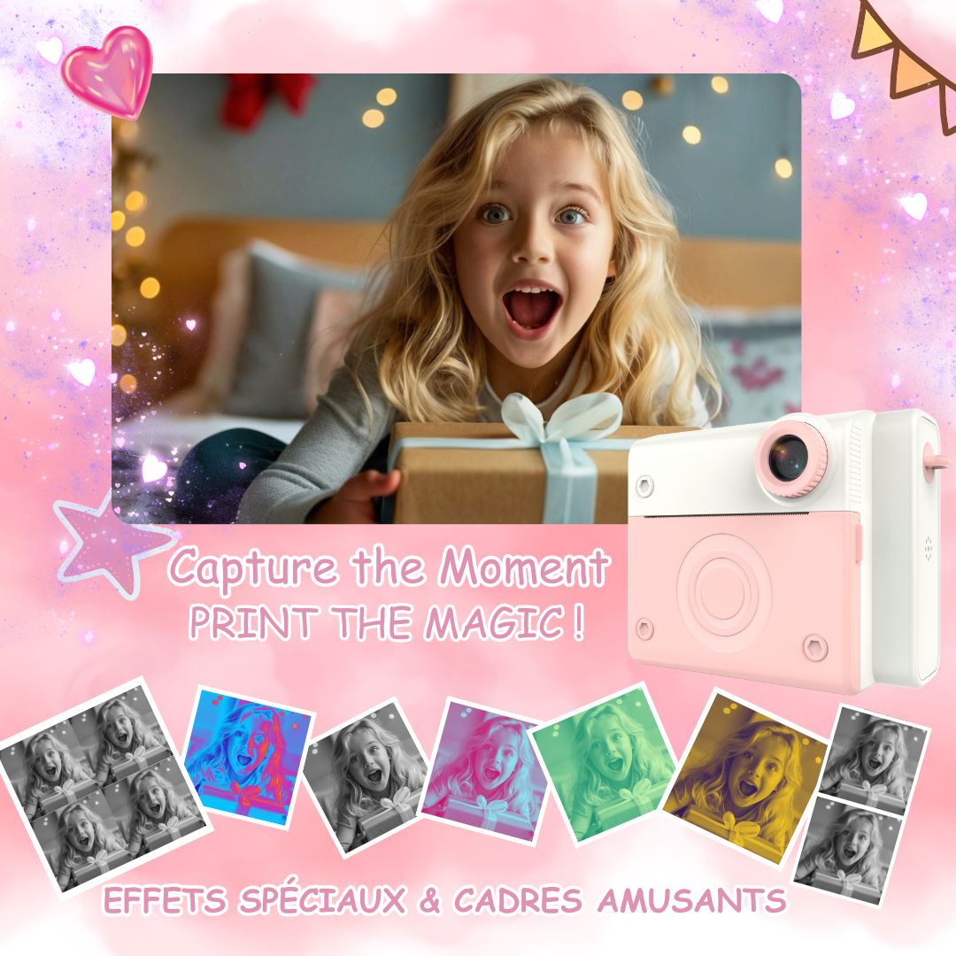 Appareil Photo Instantané enfant, Selfie et Video 1080P avec Carte 32GB, 350 Photos, Cadeau Nôel, Anniversaire Fille et Garçons, ROSE