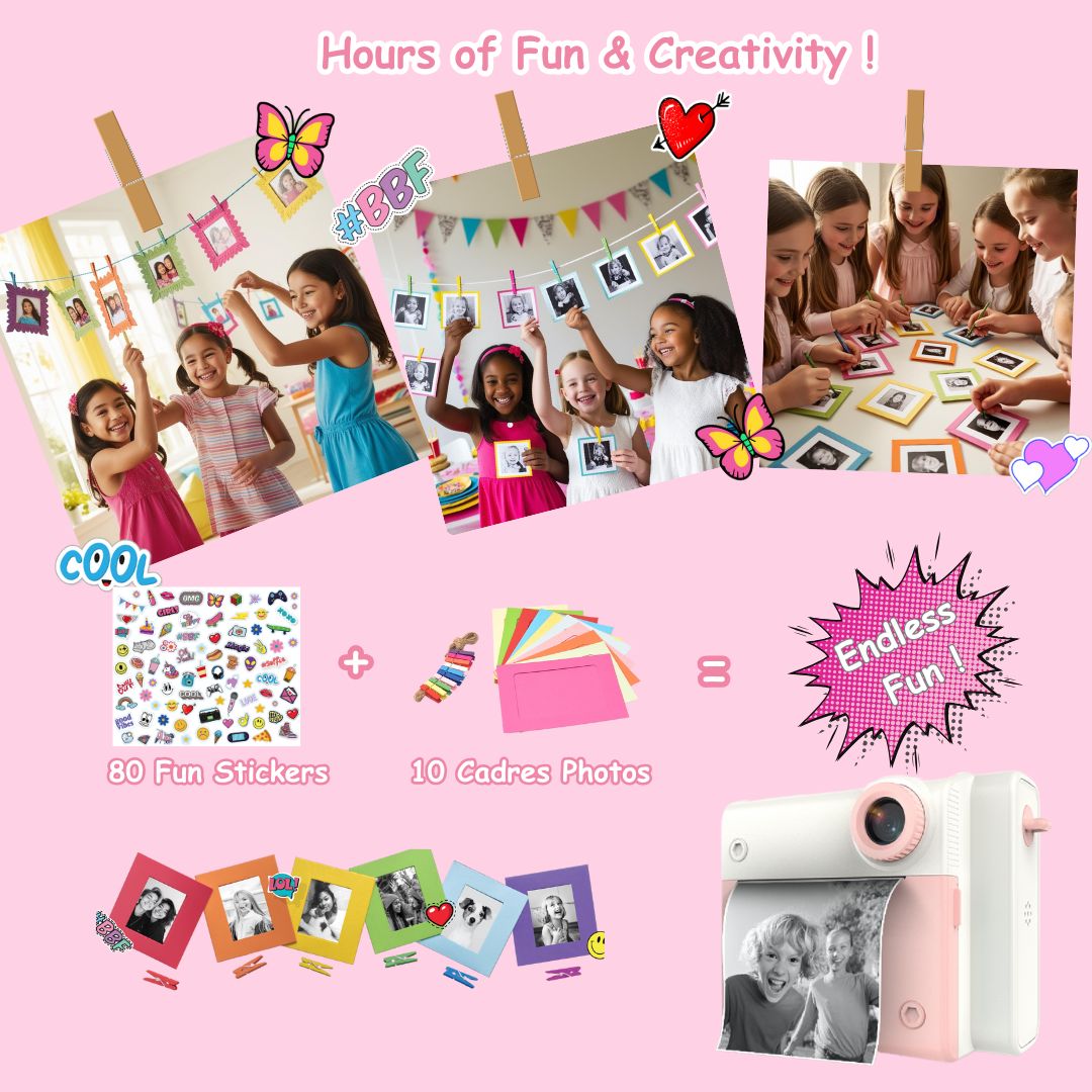 Appareil Photo Instantané enfant, Selfie et Video 1080P avec Carte 32GB, 350 Photos, Cadeau Nôel, Anniversaire Fille et Garçons, ROSE