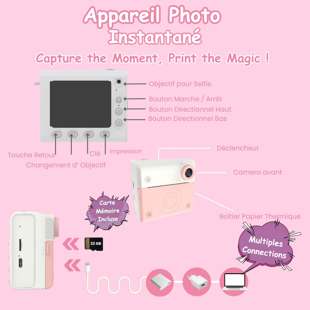 Appareil Photo Instantané enfant, Selfie et Video 1080P avec Carte 32GB, 350 Photos, Cadeau Nôel, Anniversaire Fille et Garçons, ROSE
